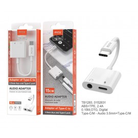 Cable Adaptador 2 en 1 Type-C a Audio 3,5mm + Type-C a Carga , Solucion digital para movil con Type C y sin Puerta Audio, 0,15M