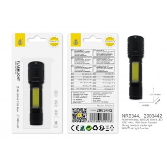 Linterna LED con luz lateral,con funcion Zoom,3 modos luz(Fuerte,medio y estroboscopica), Bateria Recargable 1200mAh, 6uni/caja