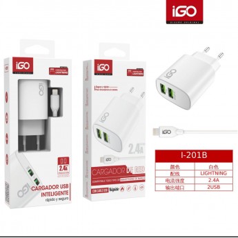 Cargador con 2 USB y con cable Ligtning, 2.4A, 12uni/paq