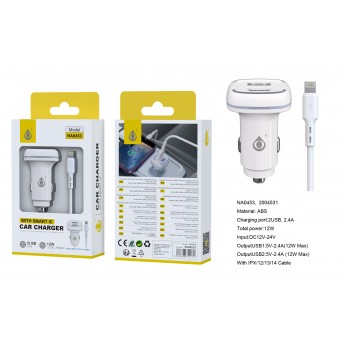 Cargador de Mechero Bryan Con Smart Chip IC, 2 USB-A con cable Iphone 5-14, 2.4A/12W Max