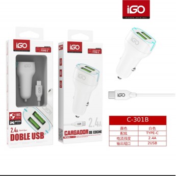 Cargador de coche con 2 USB+cable Type-C, 2.4A, 10 uni/paq