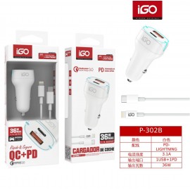 Cargador de coche 1USB+1PD, 36W, 3.1A con cable Lightning, 5 uni/paq