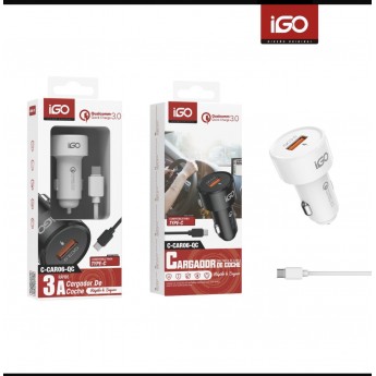 Cargador de coche QC3.0, 1USB, con cable Type-C, 10 uni/paq