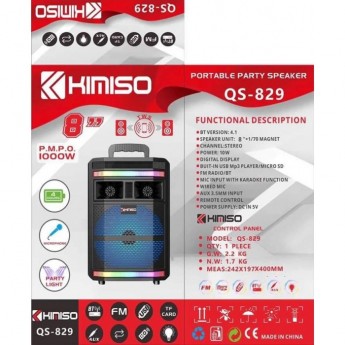 Altavoz Kimiso QS829, 8'', 1000W,  BT 4.1, con microfono, 100Hz-20KHz, NO REGALA EL TRANSPORTE