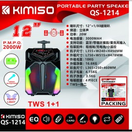 ALTAVOZ KIMISO QS-1214 12", 2000W, 3000mAh, con micrófono y mando, NO REGALA EL TRANSPORTE