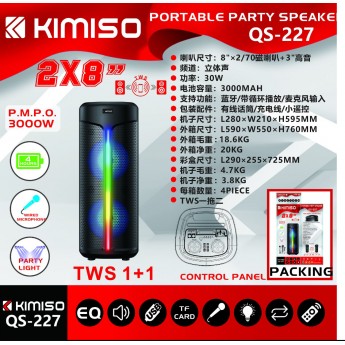 ALTAVOZ KIMISO QS-227 8"X2, 3000W, 3000mAh, con micrófono y mando, NO REGALA EL TRANSPORTE