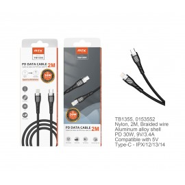 Cable de Datos Camyl nylon trenzado , Type-C a Lightning , Carga Rapida PD 30W/9V/3.4A, 2M