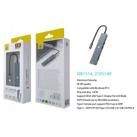 lector TYPE-C Hub 7 en 1, HDMI/TF/SD/Type-C/USB2.0/USB 3.0/PD 2.0 Compatible con Apple Type-C