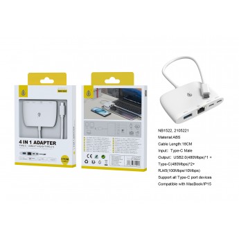 Adaptador USB-C 4 en 1, USB-C (Macho) a RJ45/USB 2.0/USB-C*2 (Hembra), Compatible Apple