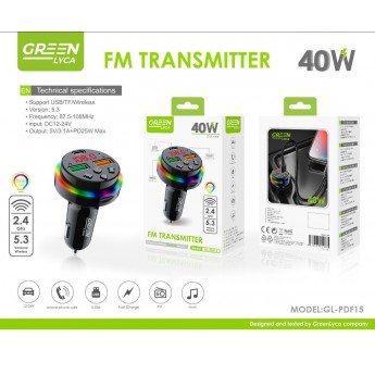 Cargador de movil para coche 40W, llamada/FM/Musica, BT 5.3, 2.4Ghz, 5V/3.1A+PD 25W Max, DC12-24V