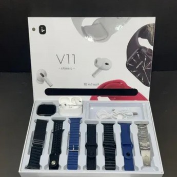 Reloj inteligente V11 Classic, contiene 10 piezas(reloj+auriculares+7 pulseras diferentes+cargadores)