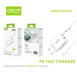 Cargador PD +QC 3.0, 45W, 3.0A Max,con cable Type-C a Lightning