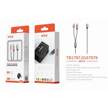 Adaptador con cable trenzado Iphone a RCA audio*2 , Plug and Play, 1M