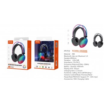 Auriculares Casco Bluetooth 5.4 con luz ambiente RGB, Altavoz 40mm, Soporta llamadas/Tarjeta