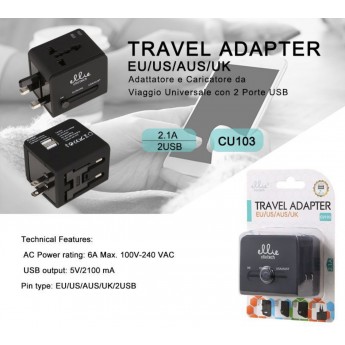 Transformador EU/US/AUS/UK, 6A Max, 100-200V, 5V/2100 mAh, 2.1A, 2USB, 3uni/paq