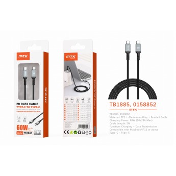 Cable de datos Blarkon aluminio trenzado para Type-C a Type-C con carga rapida PD, 60W/20V/3A, 2M